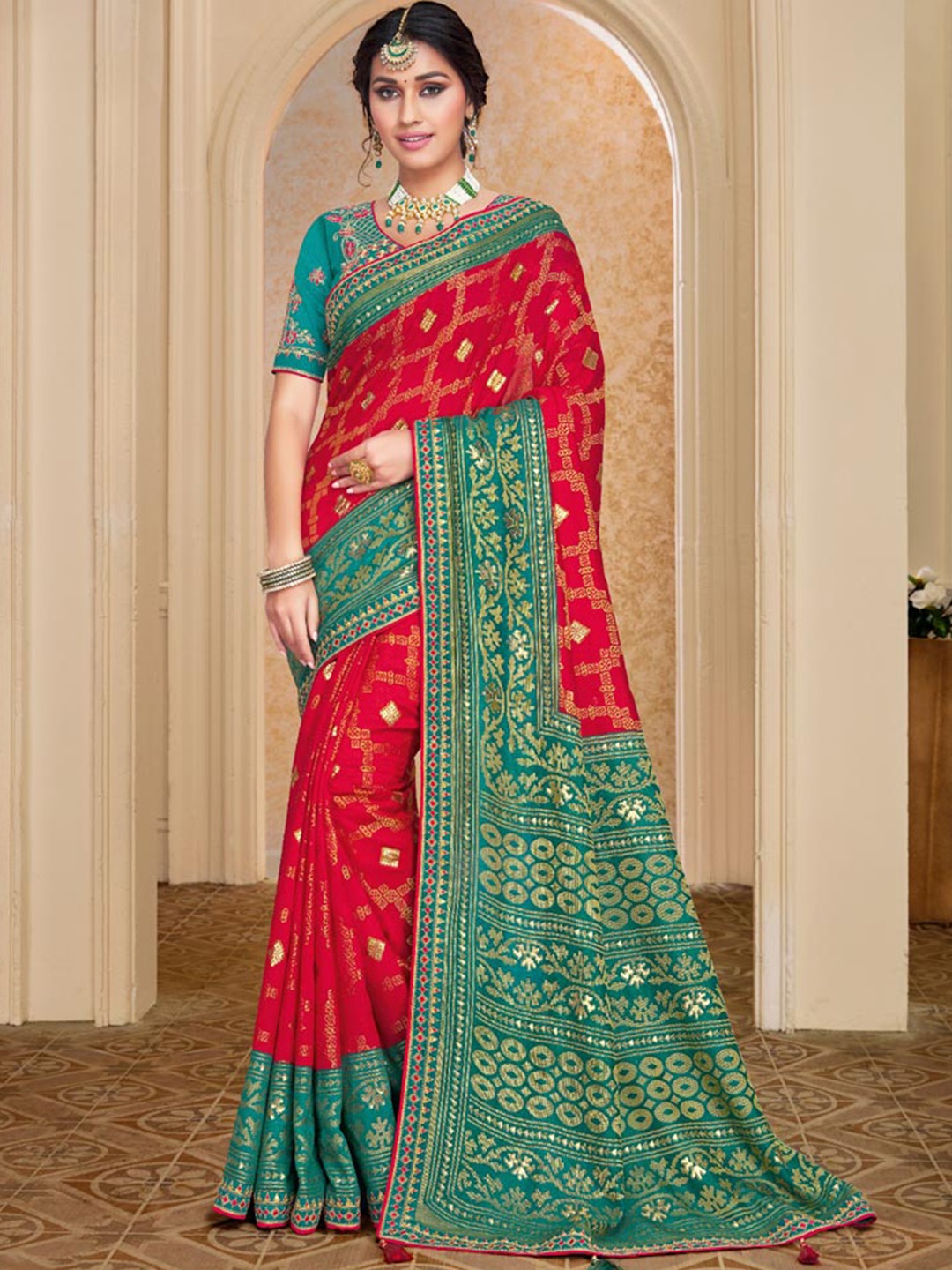 

Vishal Prints Ethnic Motifs Printed Embroidered Brasso Saree, Red