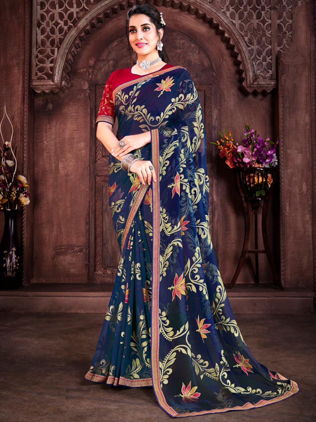 

Vishal Prints Floral Printed Zari Brasso Saree, Navy blue