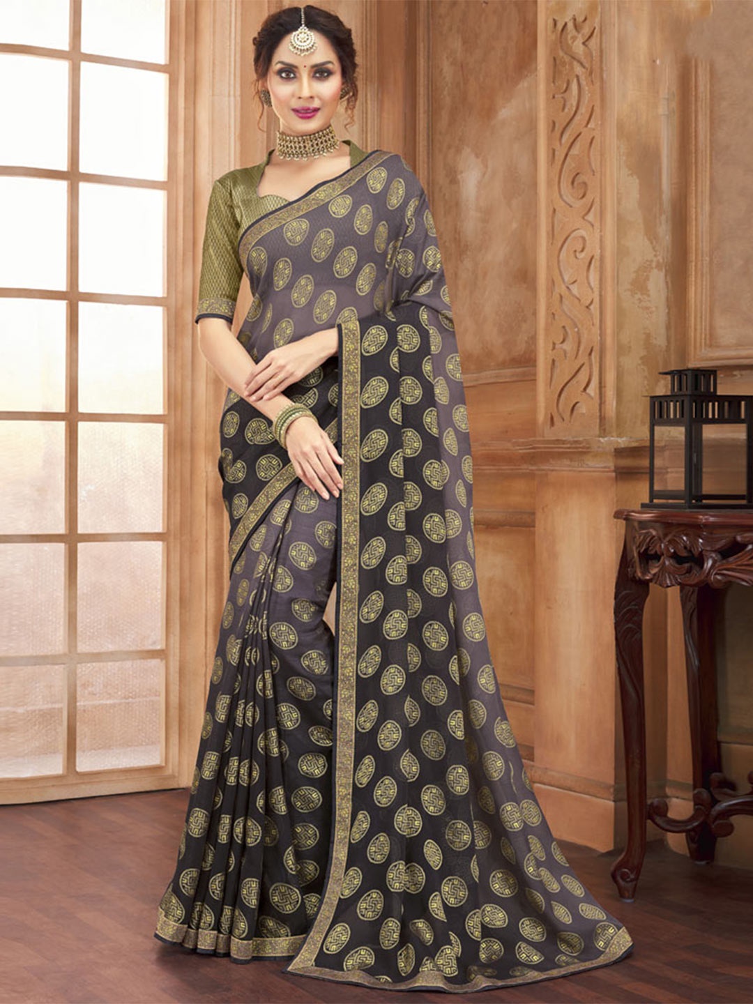 

Vishal Prints Geometric Printed Brasso Saree, Grey