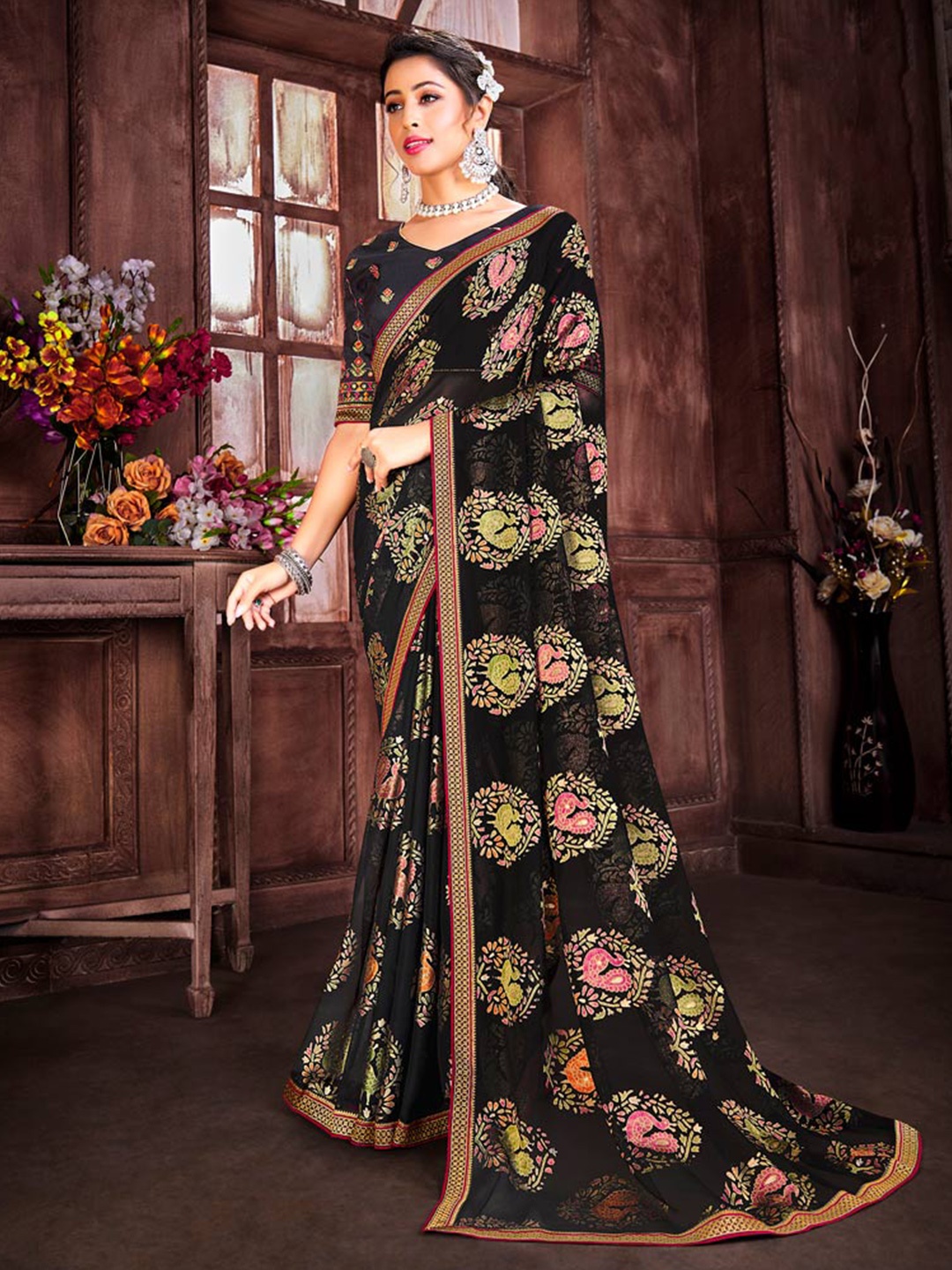 

Vishal Prints Ethnic Printed Zari Brasso Saree, Black