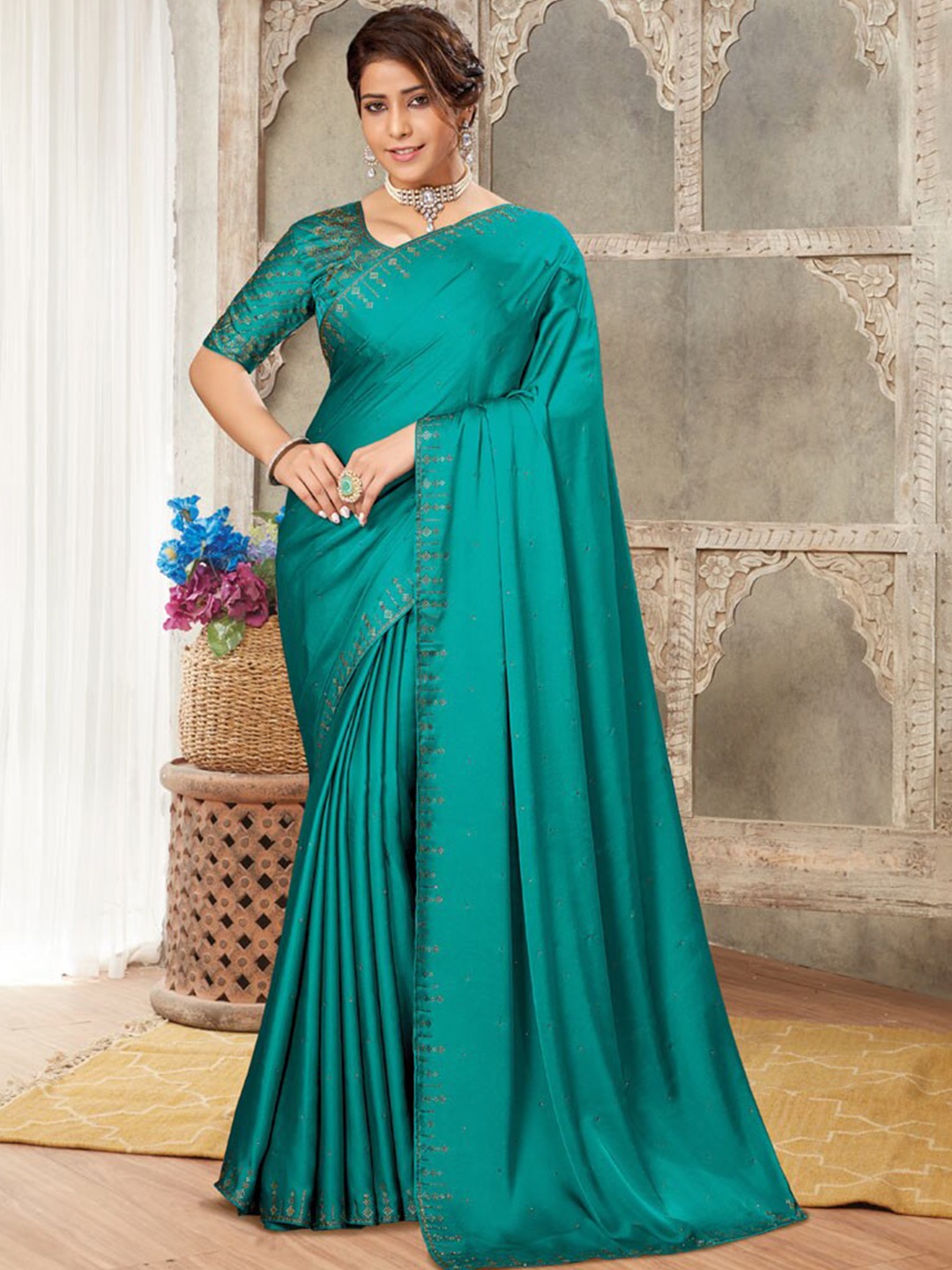 

Vishal Prints Embellished Beads and Stones Satin Saree, Teal