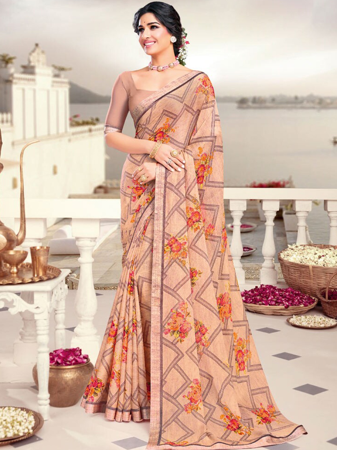 

Vishal Prints Floral Printed Saree, Peach