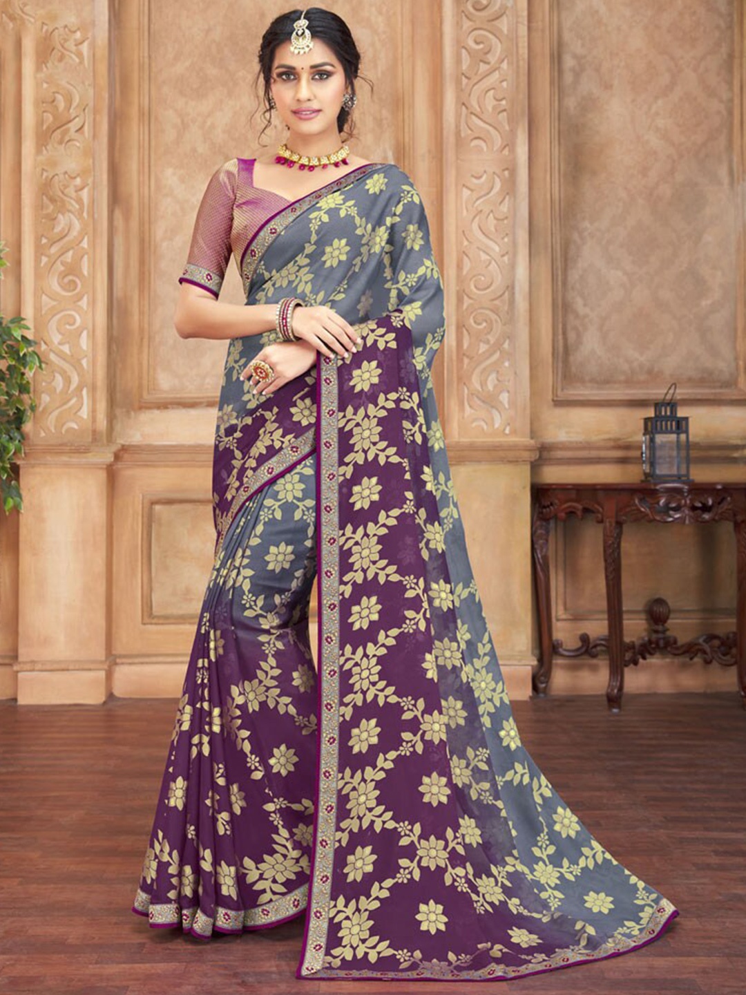 

Vishal Prints Floral Printed Embellished Saree, Grey