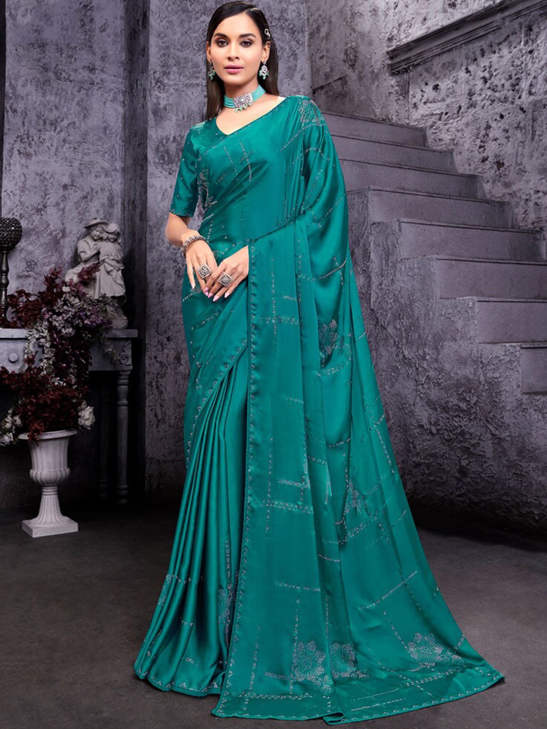 

Vishal Prints Embellished Beads & Stone Work Satin Saree, Blue