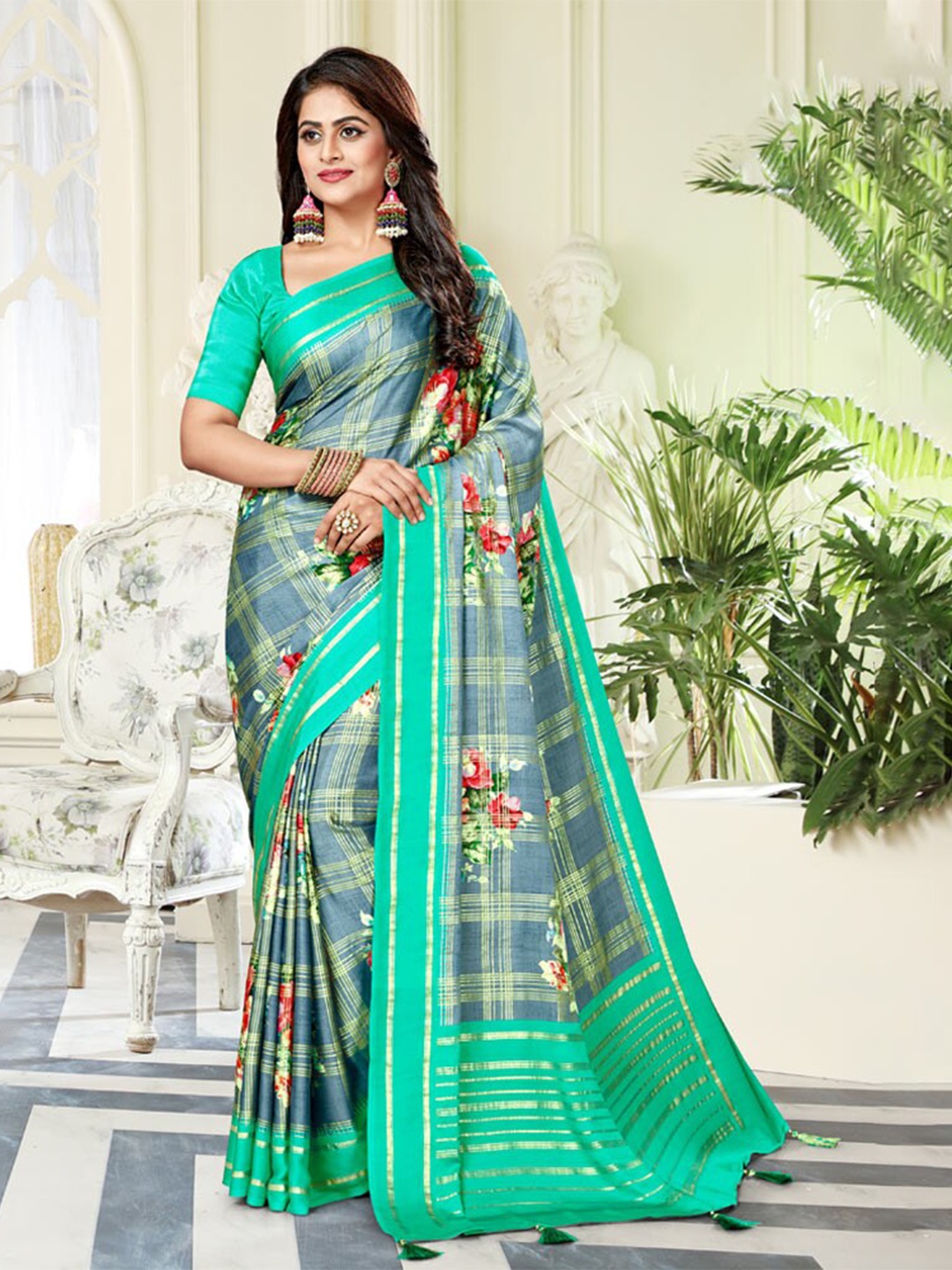 

Vishal Prints Checked Zari Satin Saree With Tassel, Blue