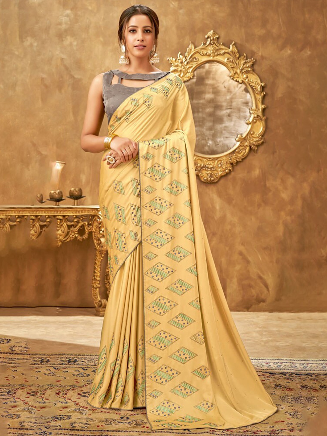 

Vishal Prints Beads and Stones Embellished Satin Saree, Tan