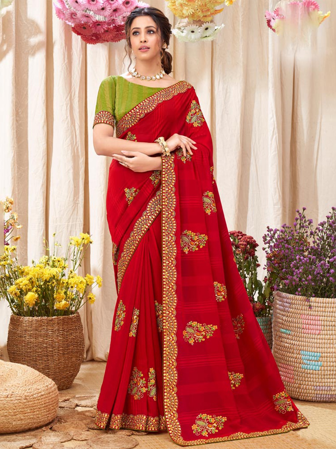 

Vishal Prints Floral Embroidered Chiffon Saree, Red