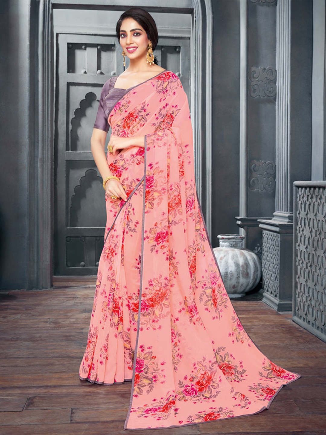 

Vishal Prints Floral Printed Beads and Stones Organza Saree, Pink
