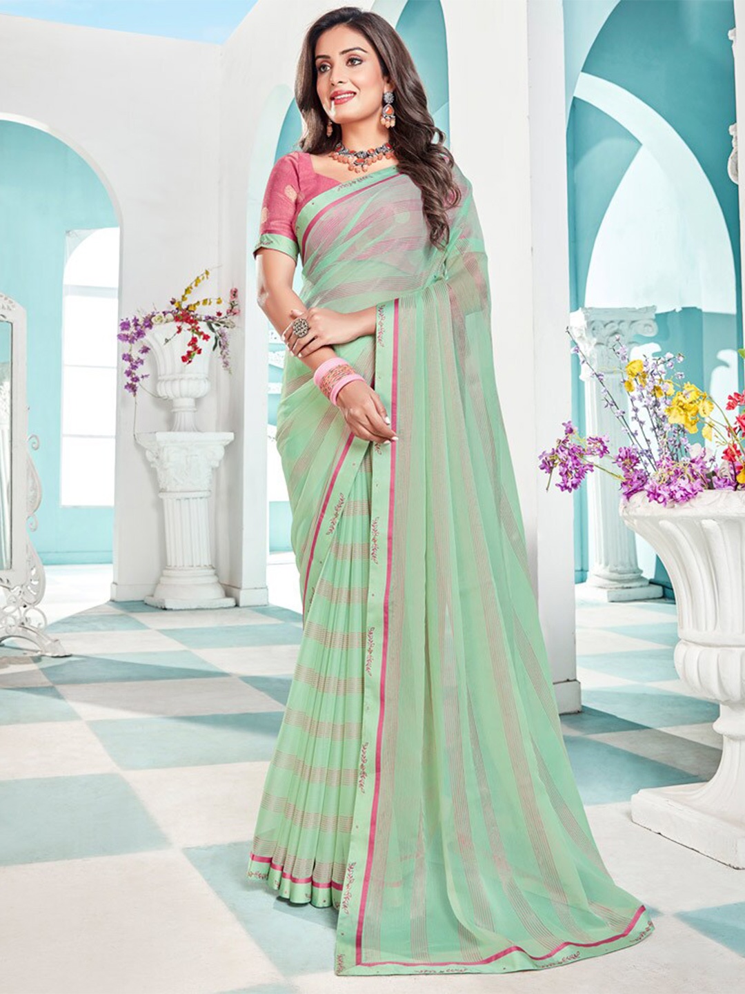 

Vishal Prints Striped Chiffon Saree, Green