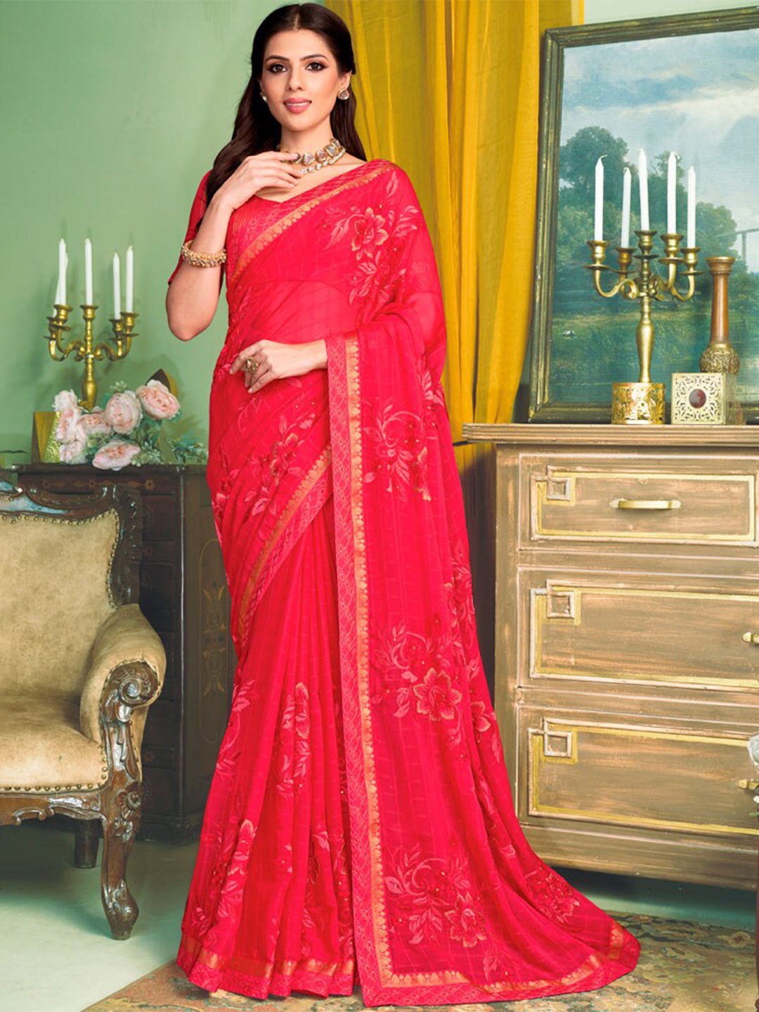 

Vishal Prints Floral Zari Saree, Red