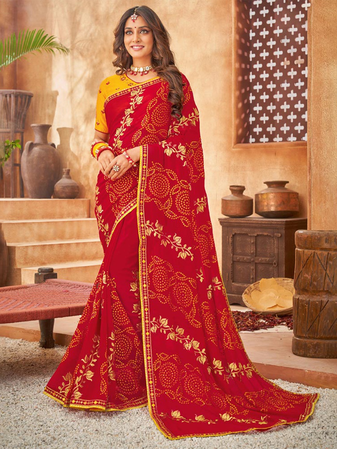 

Vishal Prints Bandhani Embroidered Saree, Red