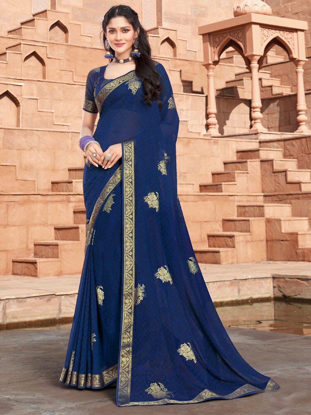 

Vishal Prints Floral Foil Printed Zari Georgette Saree, Blue