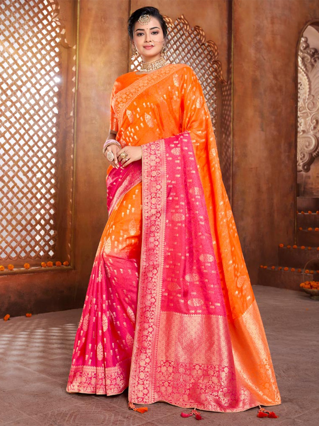

Vishal Prints Ethnic Motif Woven Design Zari Saree, Orange