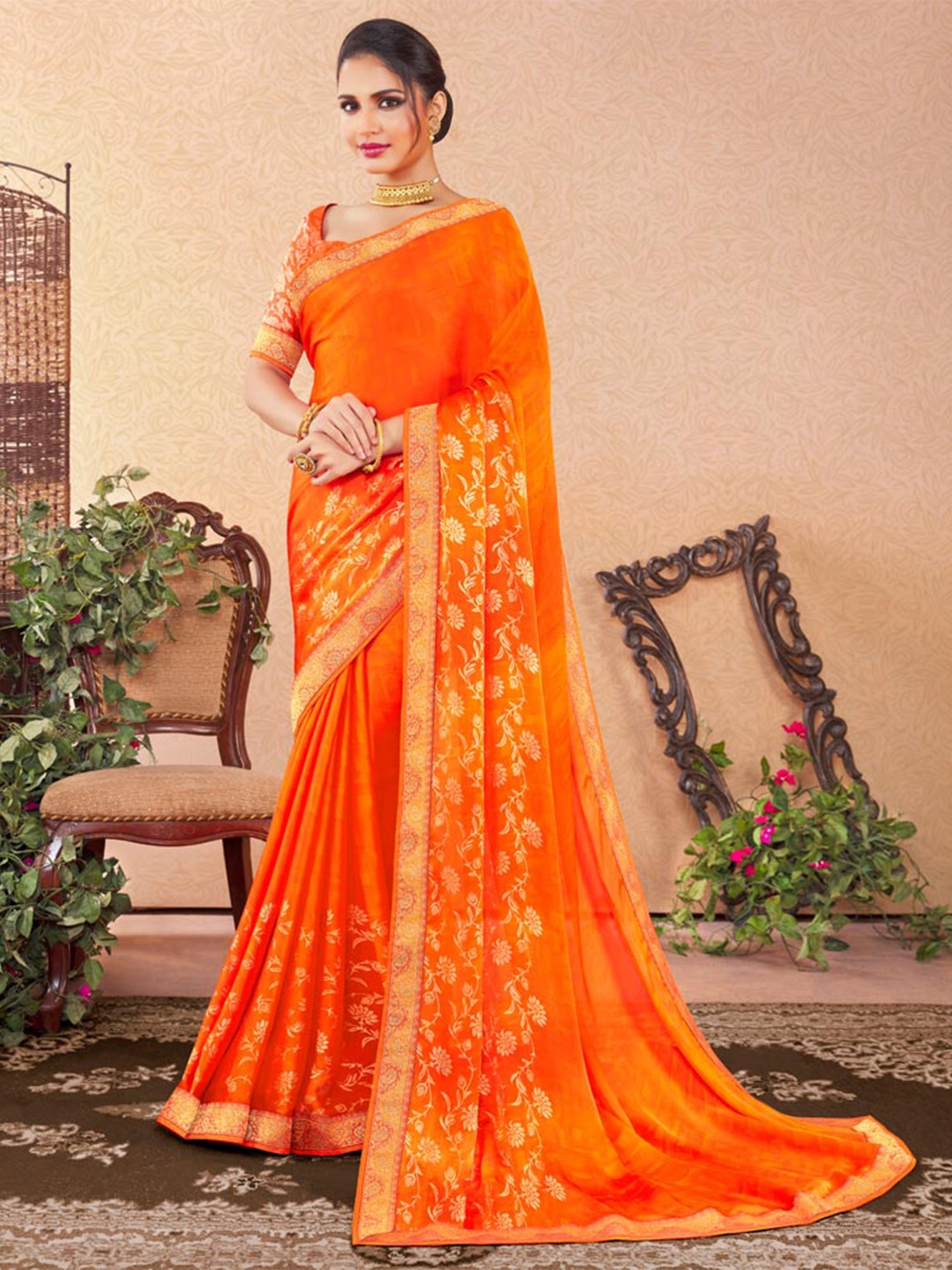 

Vishal Prints Floral Foil Printed Zari Chiffon Saree, Orange