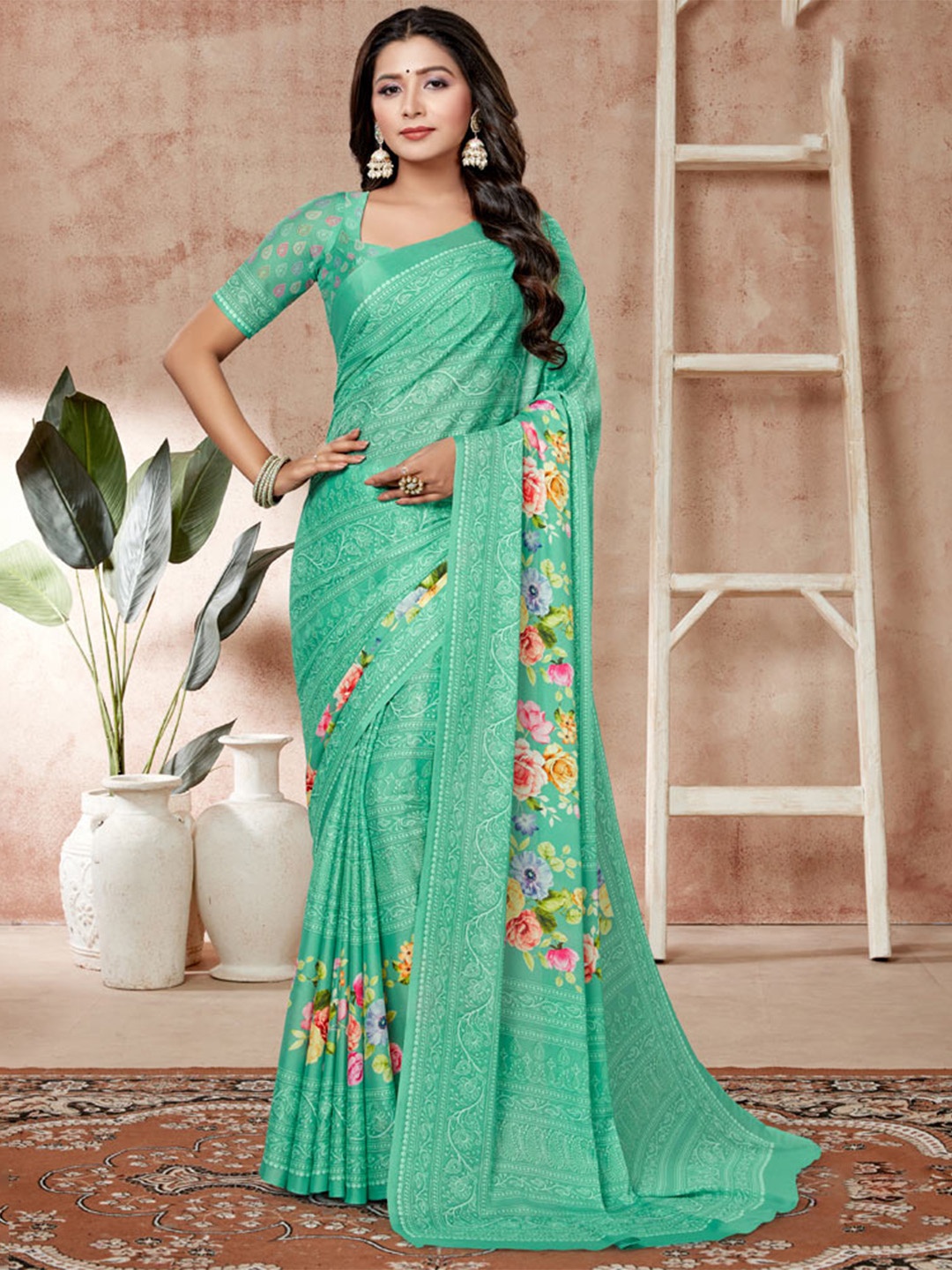 

Vishal Prints Floral Printed Saree, Turquoise blue