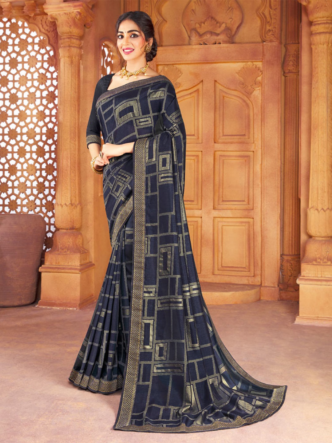 

Vishal Prints Geometric Printed Zari Saree, Grey