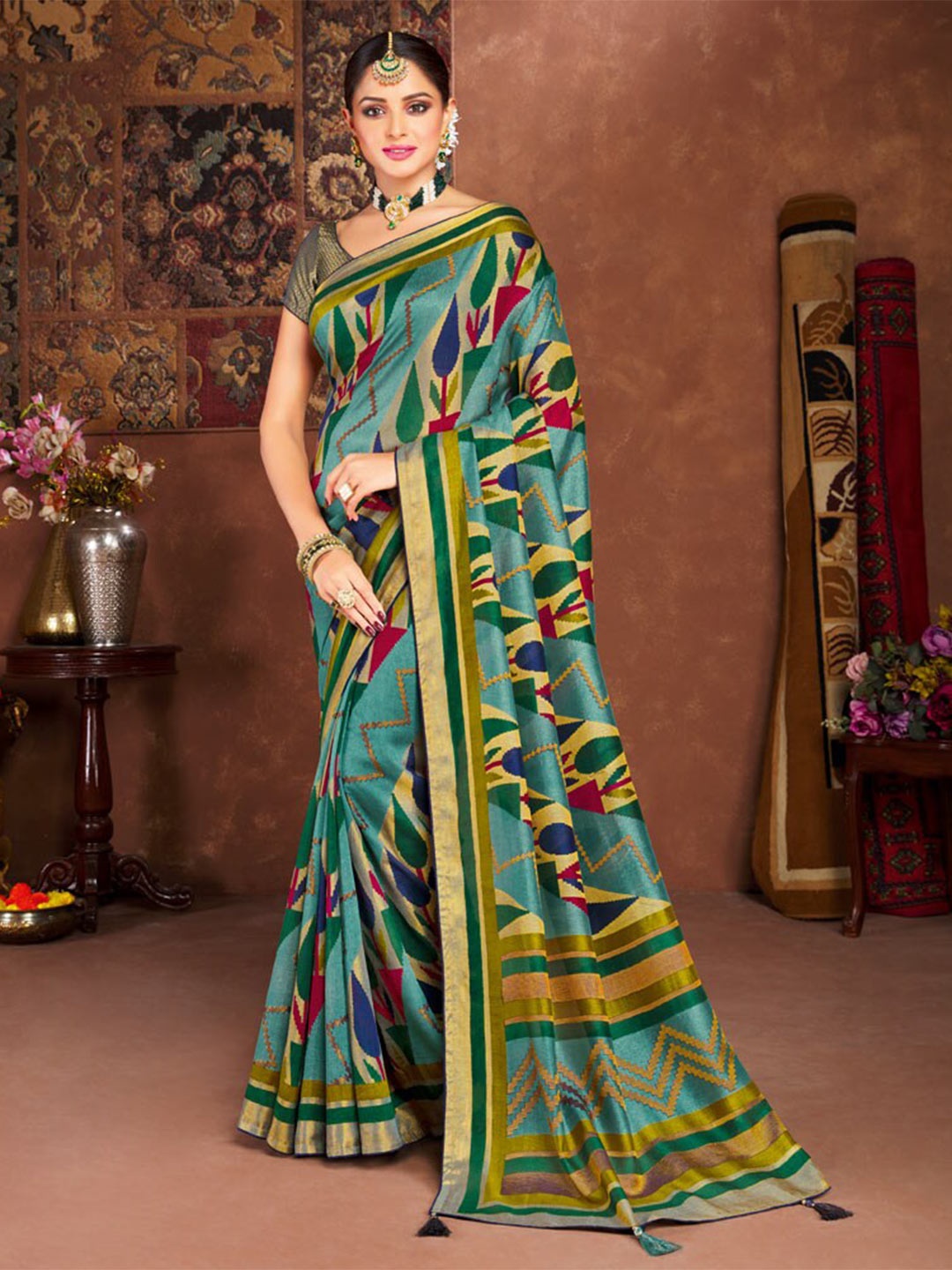 

Vishal Prints Floral Printed Zari Brasso Saree, Blue