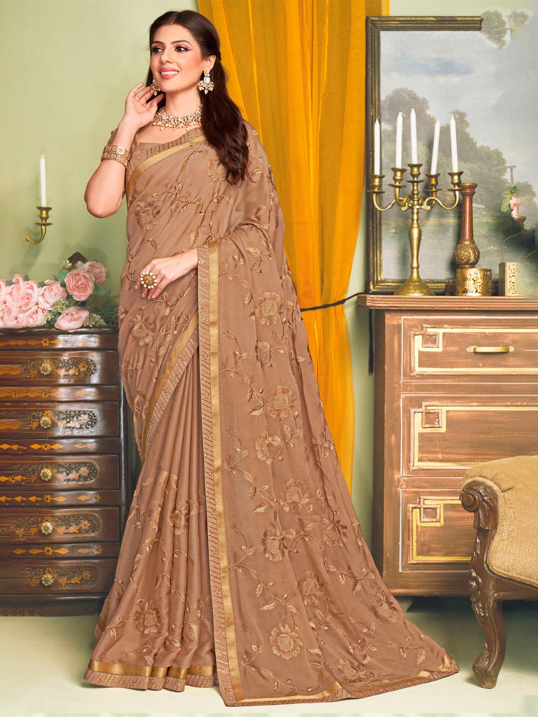 

Vishal Prints Floral Embroidered Poly Chiffon Saree, Brown