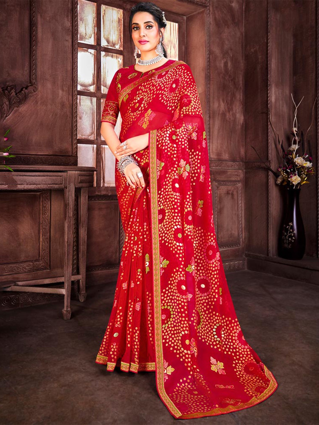 

Vishal Prints Floral Zari Brasso Saree, Red