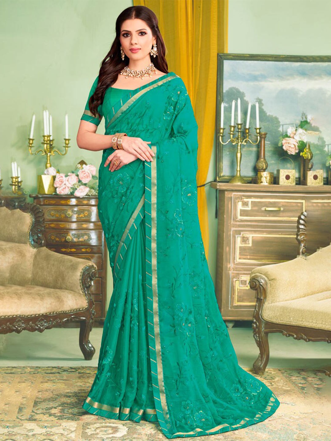 

Vishal Prints Floral Embroidered Saree, Turquoise blue