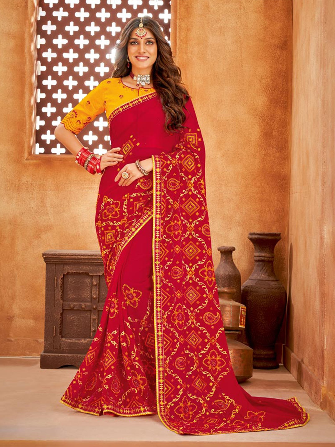 

Vishal Prints Ethnic Motif Embroidered Poly Georgette Saree With Blouse Piece, Rose