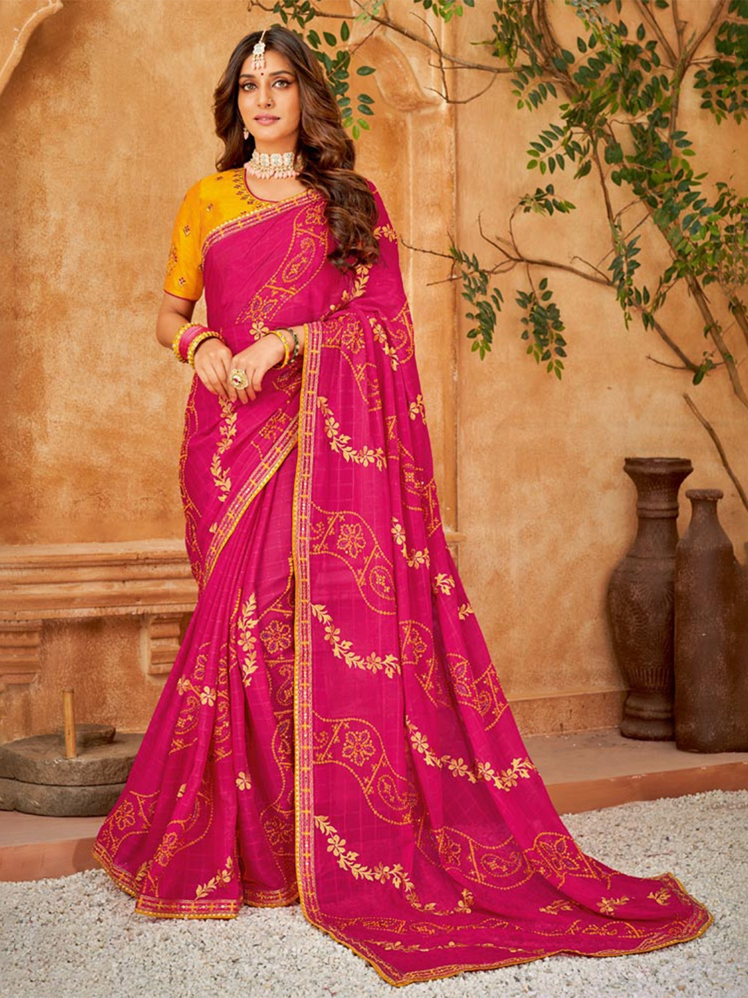 

Vishal Prints Bandhani printed Embroidered Georgette Saree, Rose