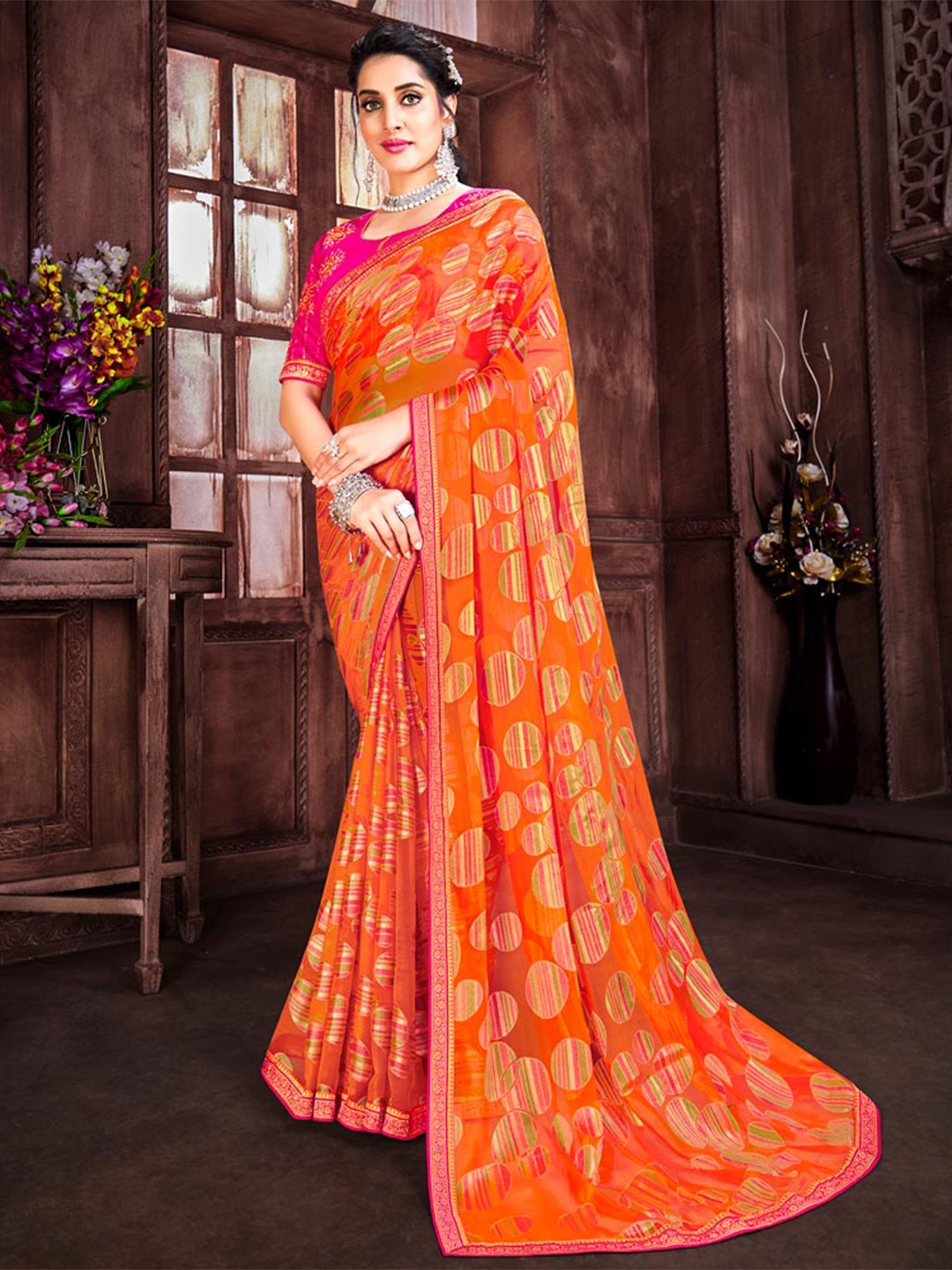 

Vishal Prints Geometric Printed Embellished Saree, Orange