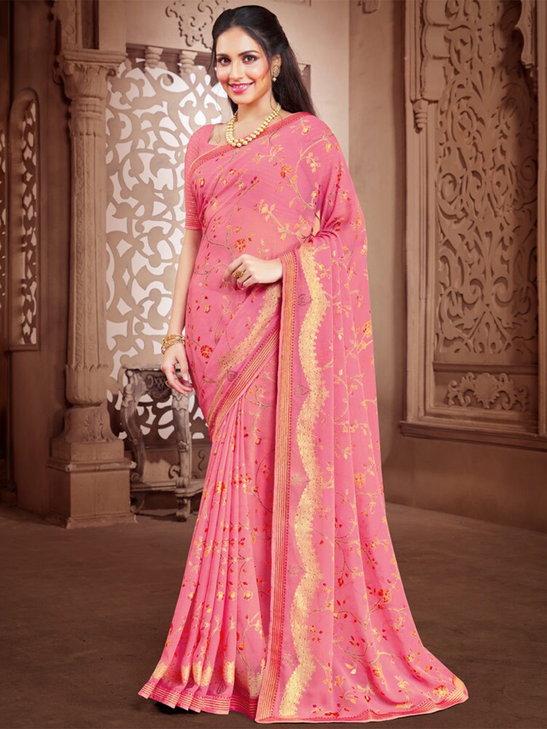 

Vishal Prints Floral Foil Printed Zari Brasso Saree, Pink