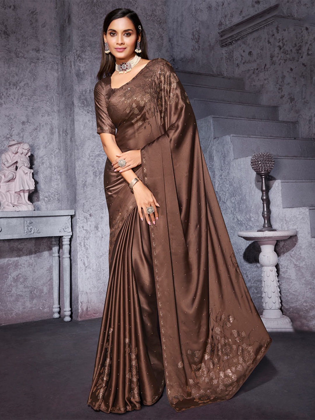 

Vishal Prints Beads and Stones Embellished Satin Saree, Brown