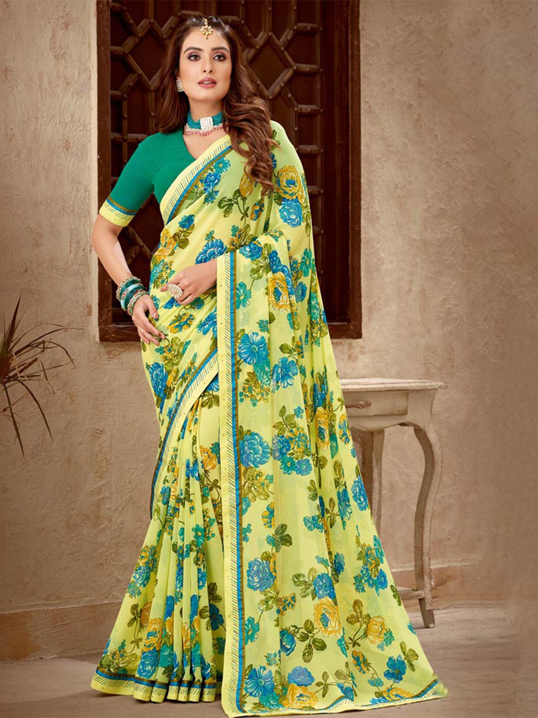 

Vishal Prints Floral Printed Georgette Saree, Olive