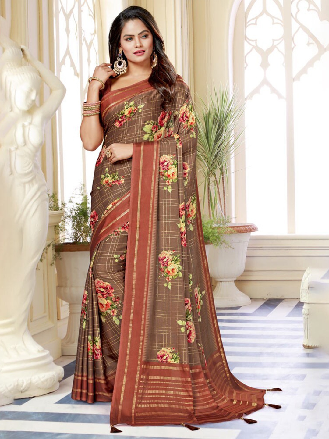 

Vishal Prints Floral Printed Satin Saree, Brown