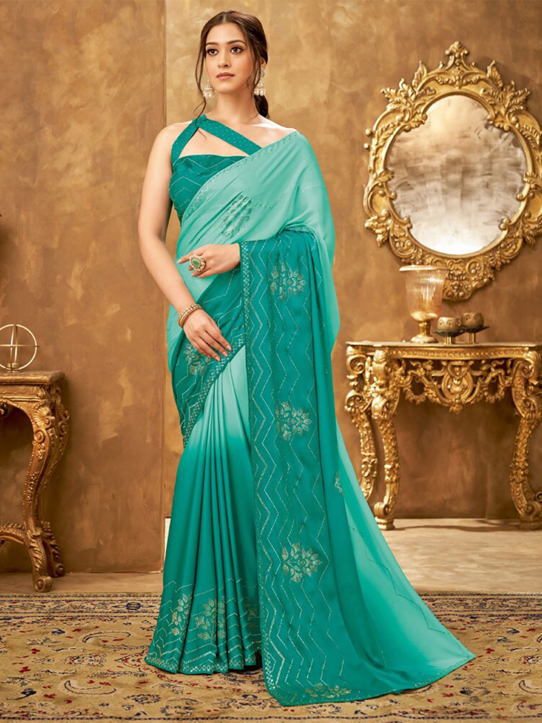 

Vishal Prints Embellished Beads and Stones Satin Saree, Turquoise blue