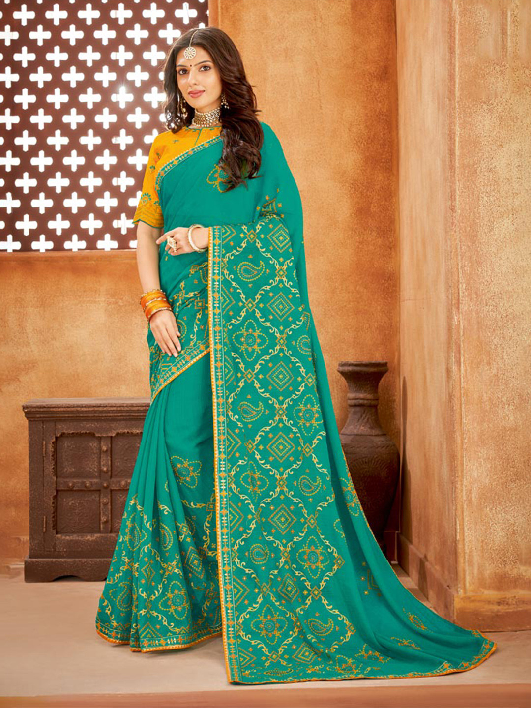 

Vishal Prints Paisley Printed Embroidered Saree, Teal