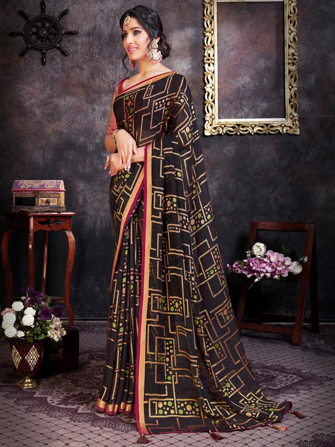 

Vishal Prints Geometric Printed Brasso Saree, Black