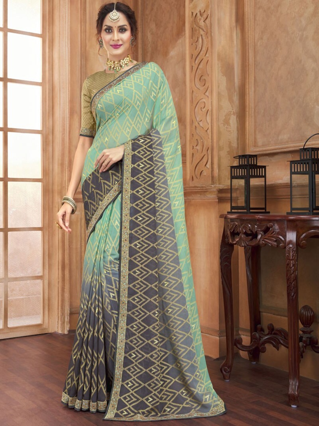 

Vishal Prints Geometric Printed Zari Brasso Saree, Green