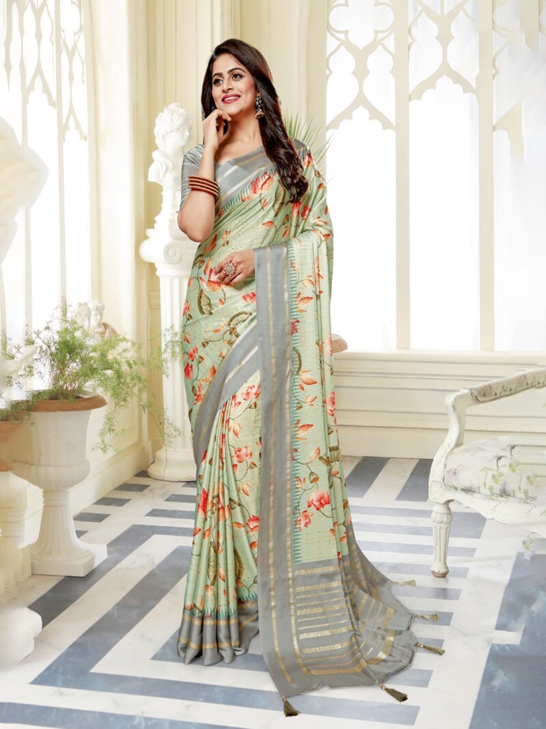 

Vishal Prints Floral Zari Satin Saree With Tassel, Green