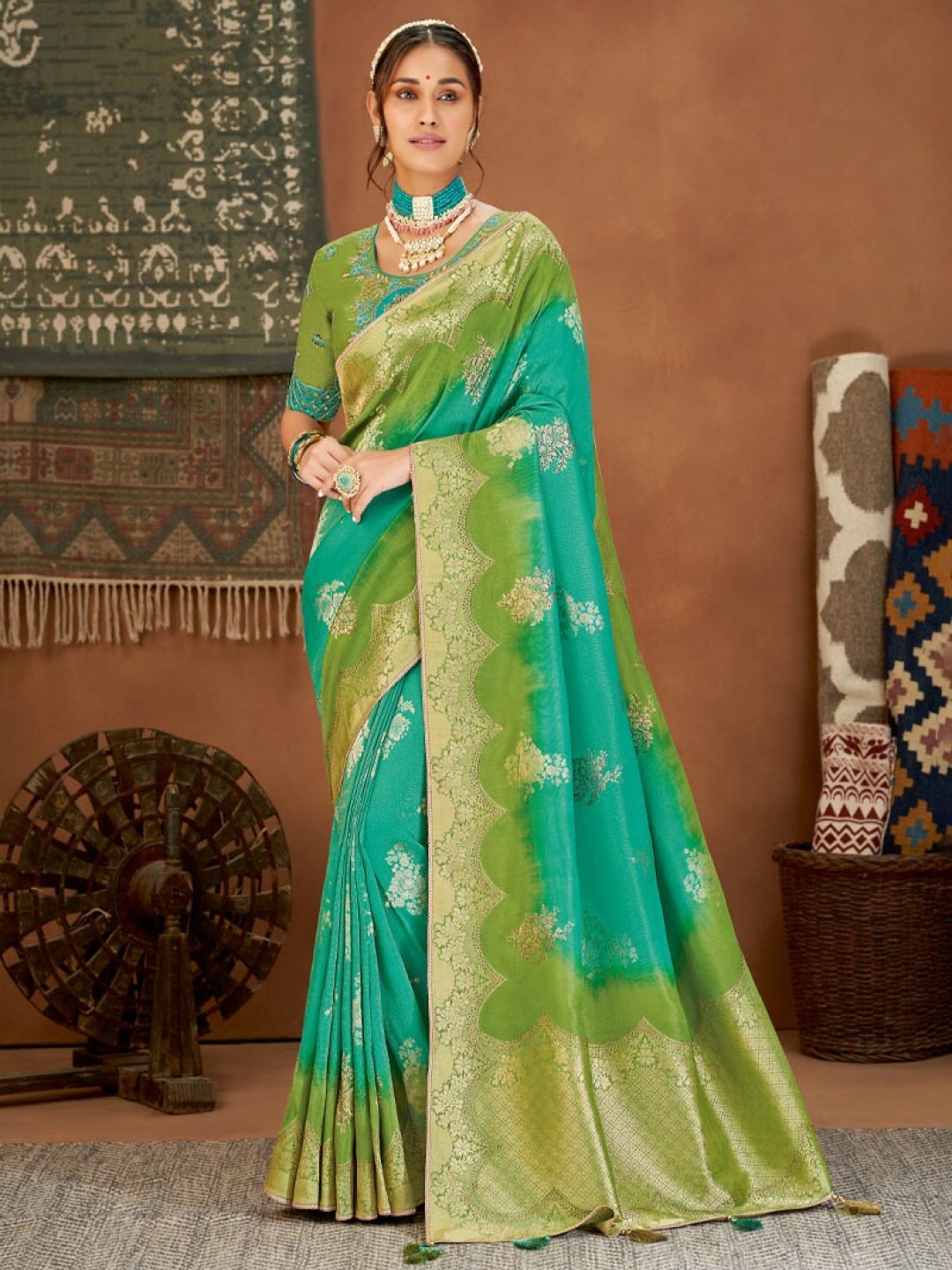 

Vishal Prints Floral Woven Design Zari Saree, Teal