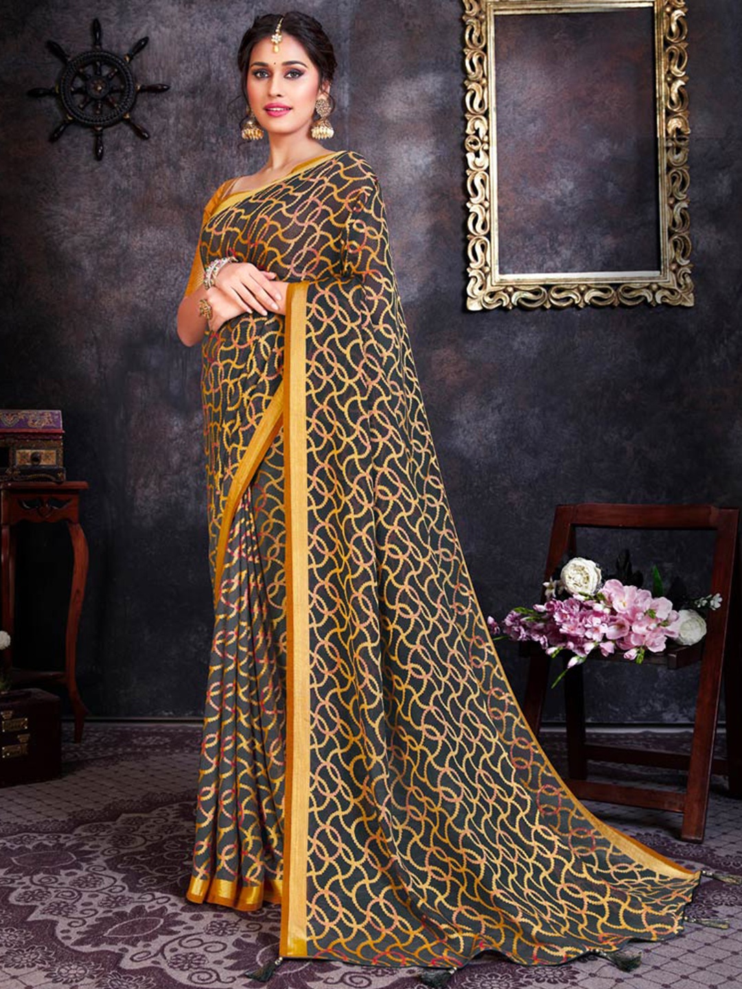 

Vishal Prints Abstract Printed Zari Brasso Saree, Grey