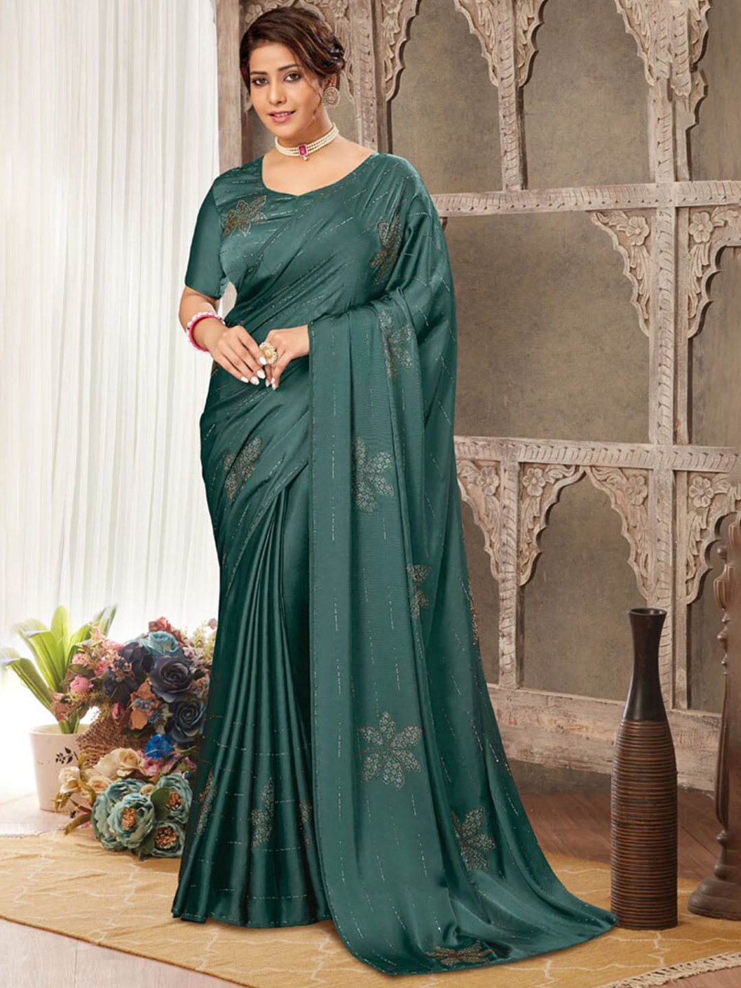 

Vishal Prints Embellished Beads and Stones Satin Saree, Teal