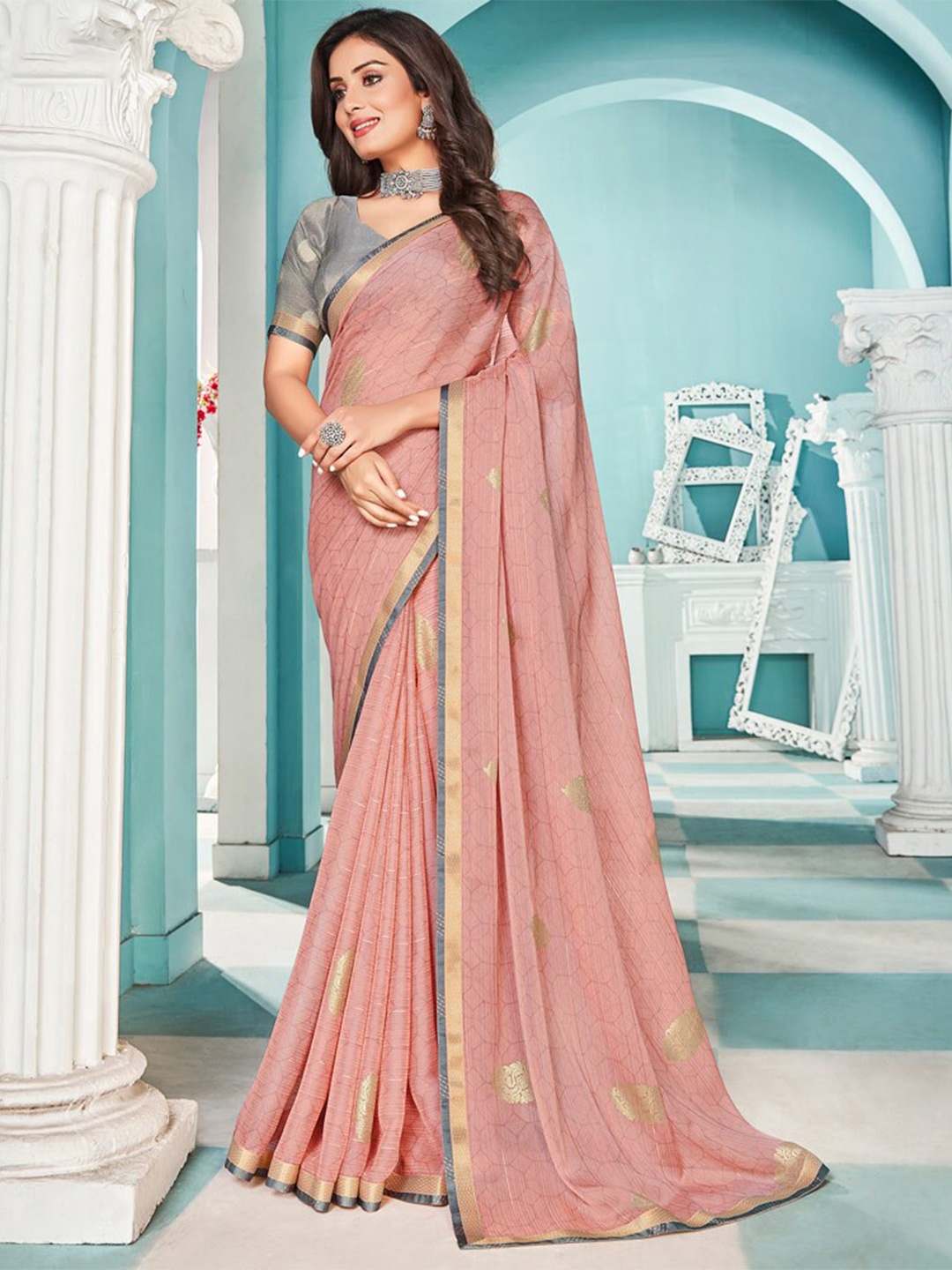 

Vishal Prints Geometric Printed Zari Saree, Pink