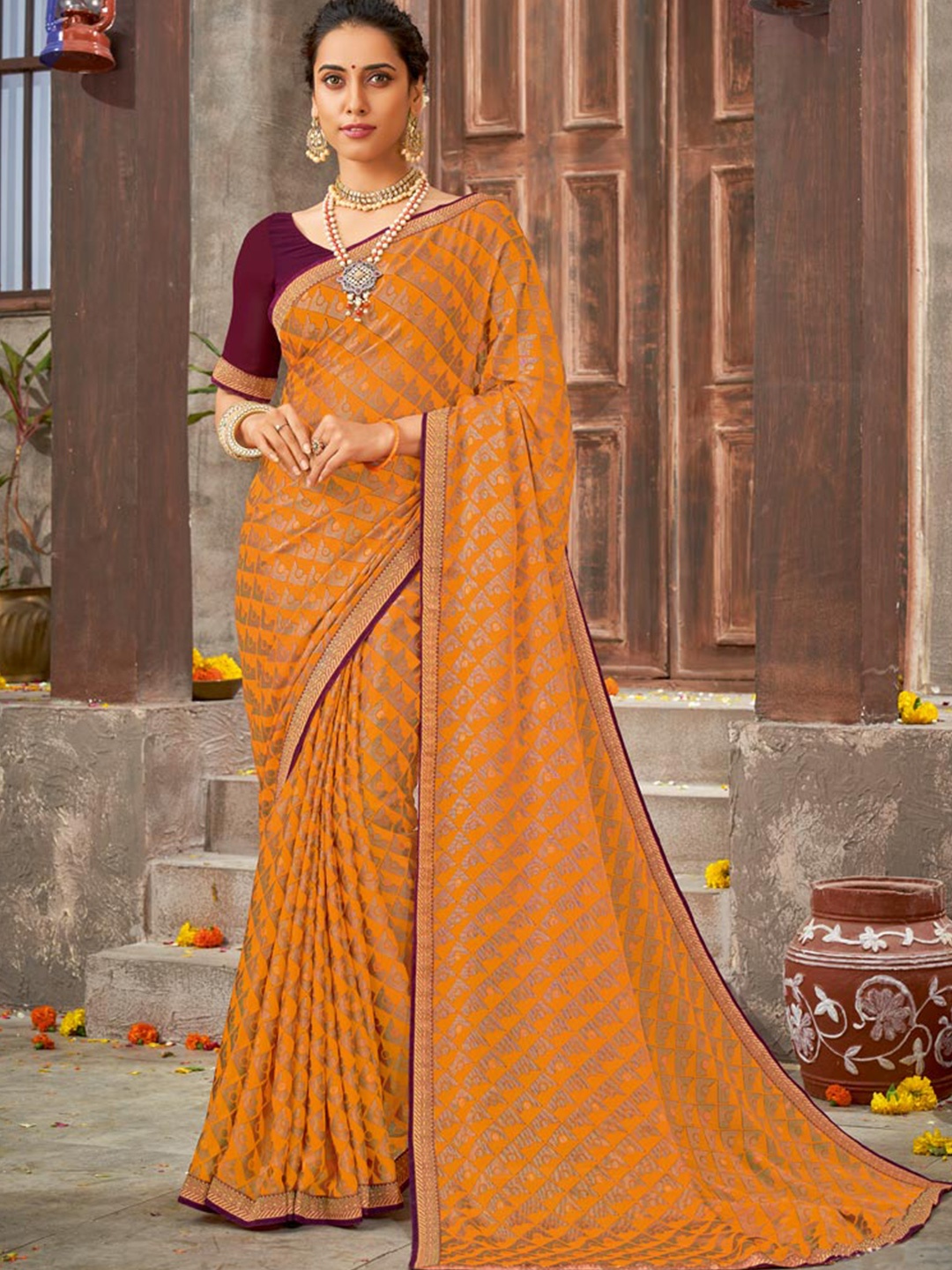

Vishal Prints Ethnic Motif Zari Brasso Saree With Blouse Piece, Orange