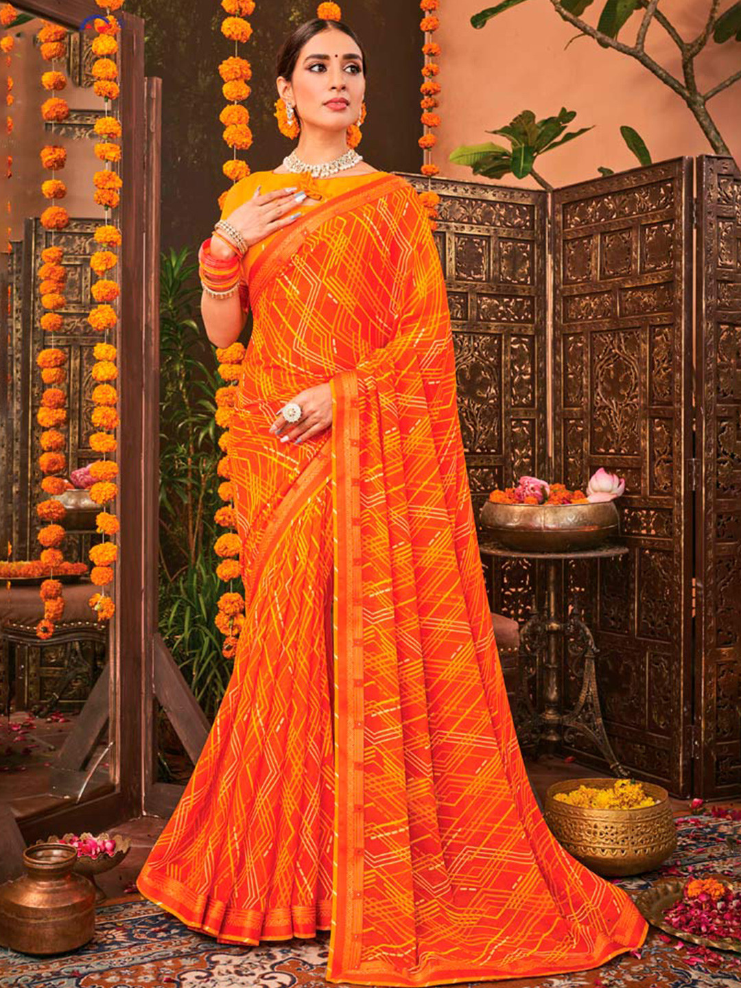 

Vishal Prints Orange & Yellow Poly Georgette Saree