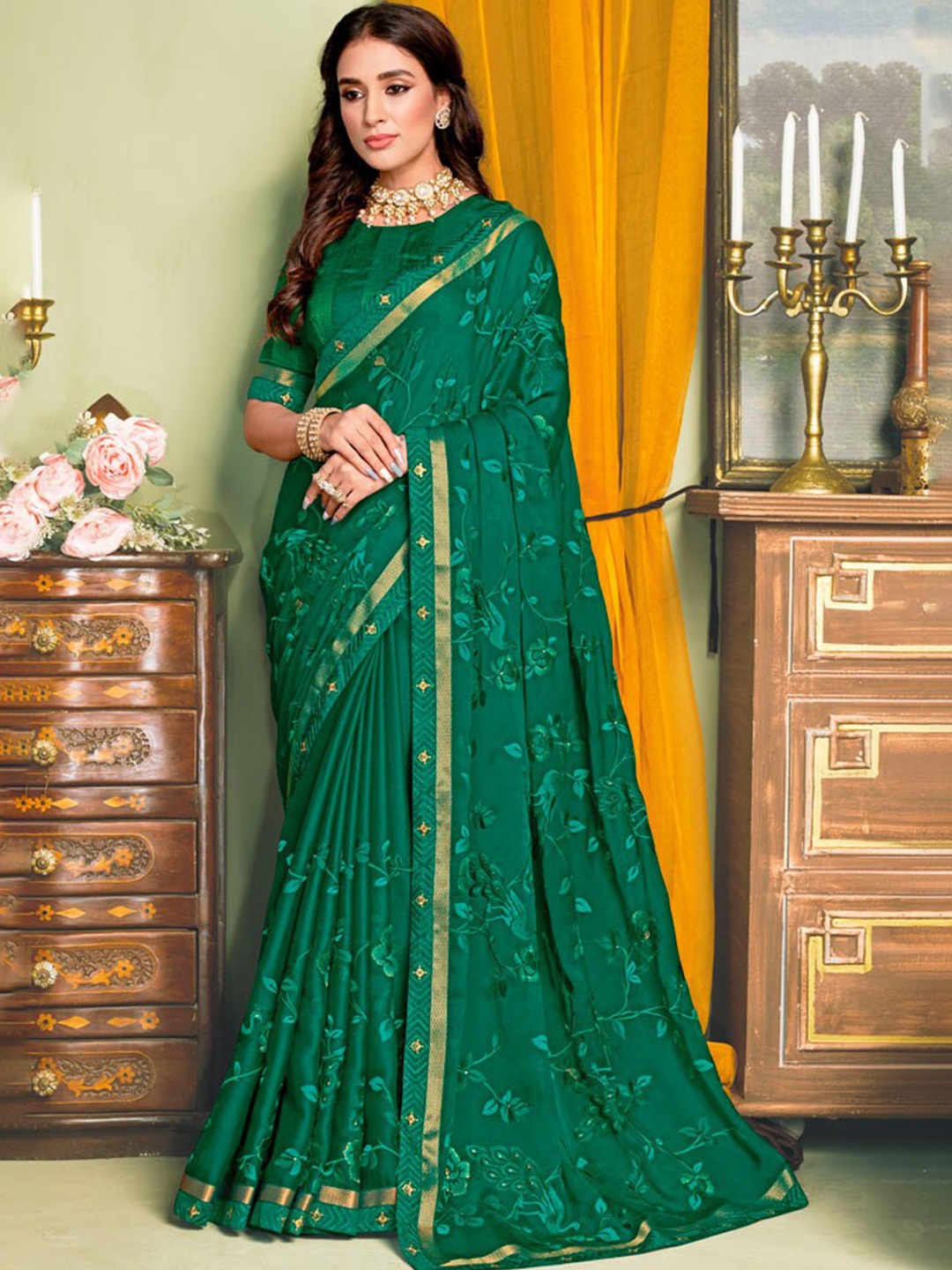 

Vishal Prints Floral Embroidered Chiffon Saree, Teal