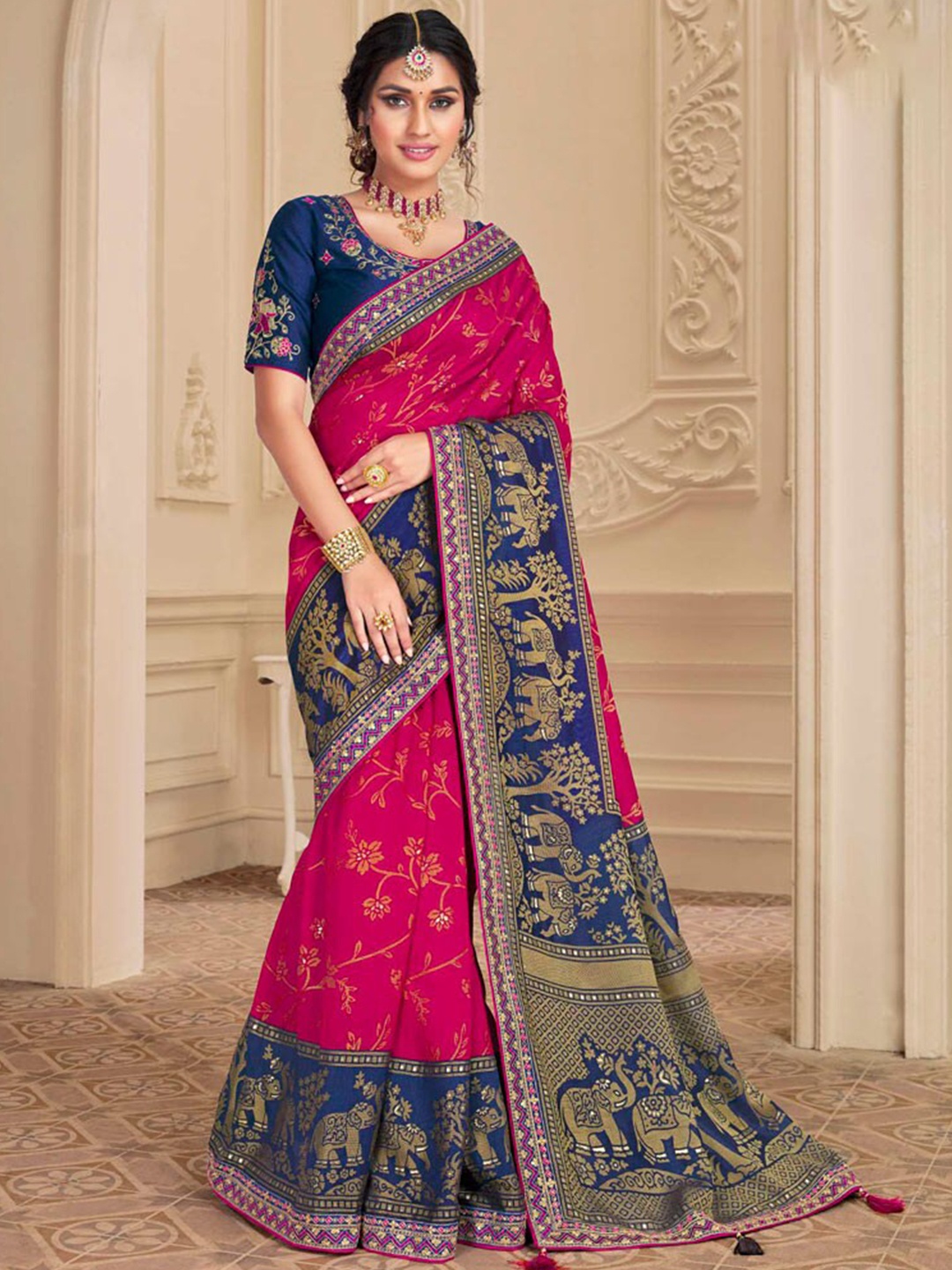 

Vishal Prints Floral Woven Design Embroidered Brasso Saree, Blue