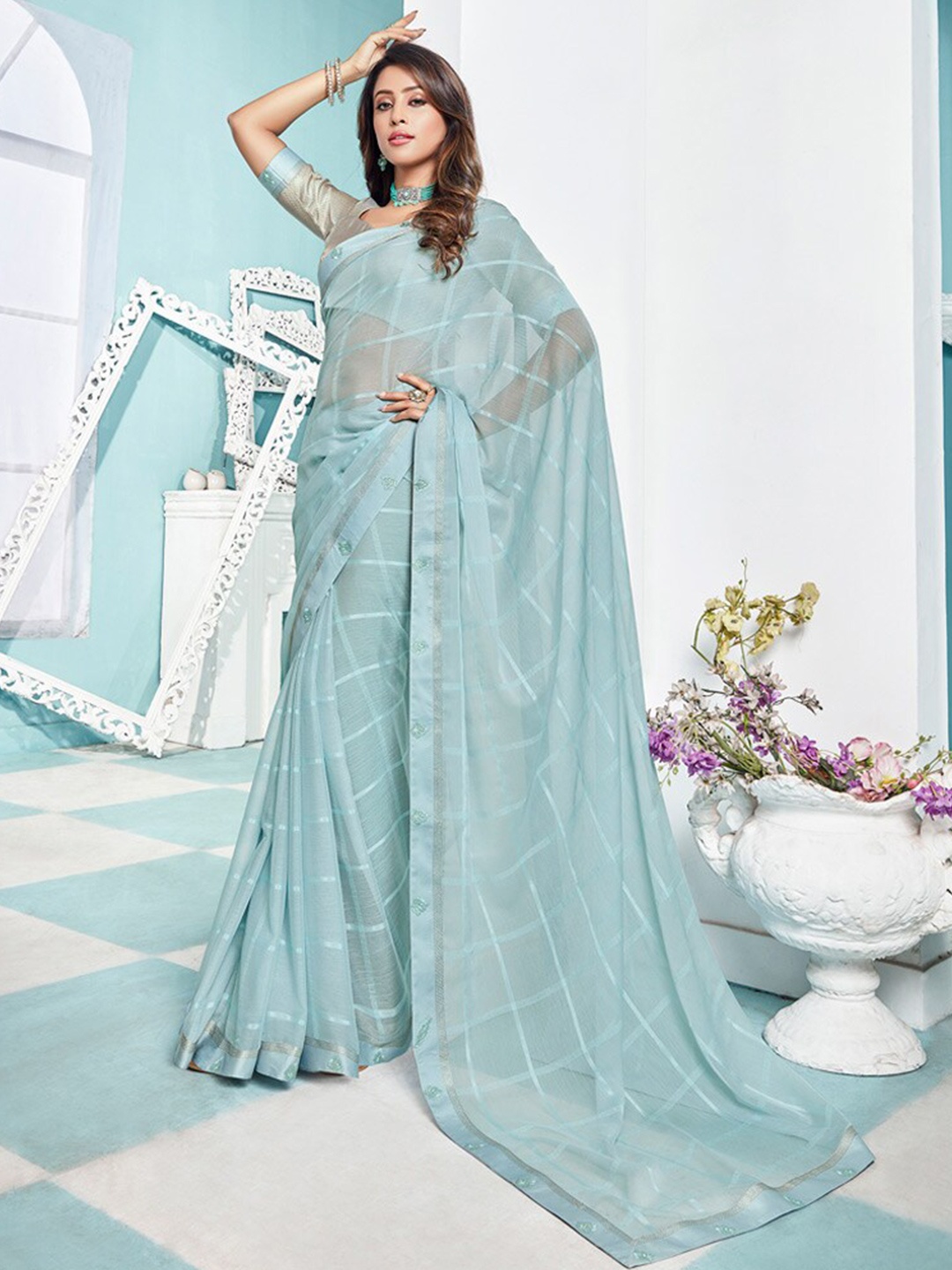 

Vishal Prints Checked Zari Sarees, Blue