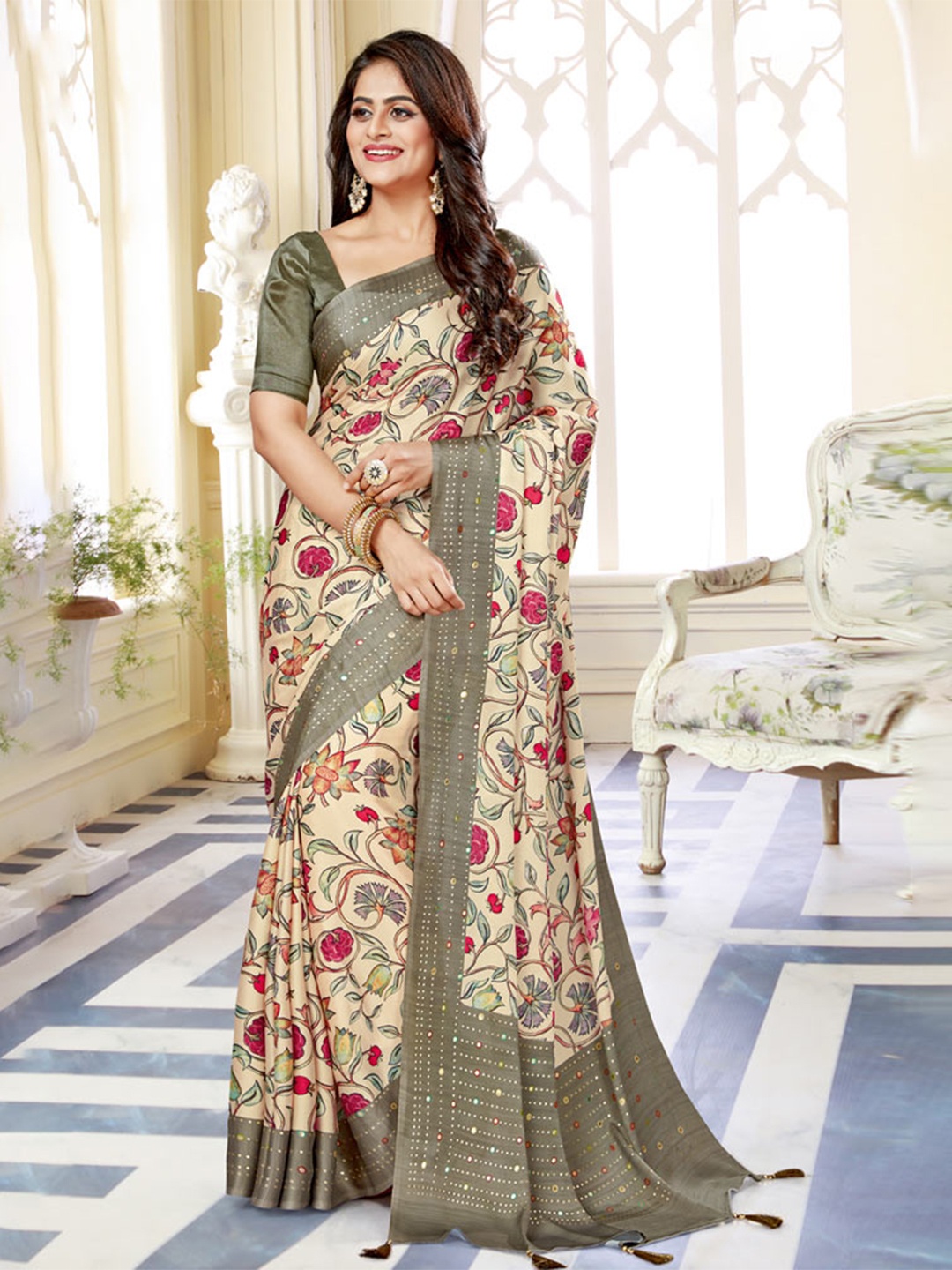 

Vishal Prints Floral Printed Mirror Work Satin Saree, Cream