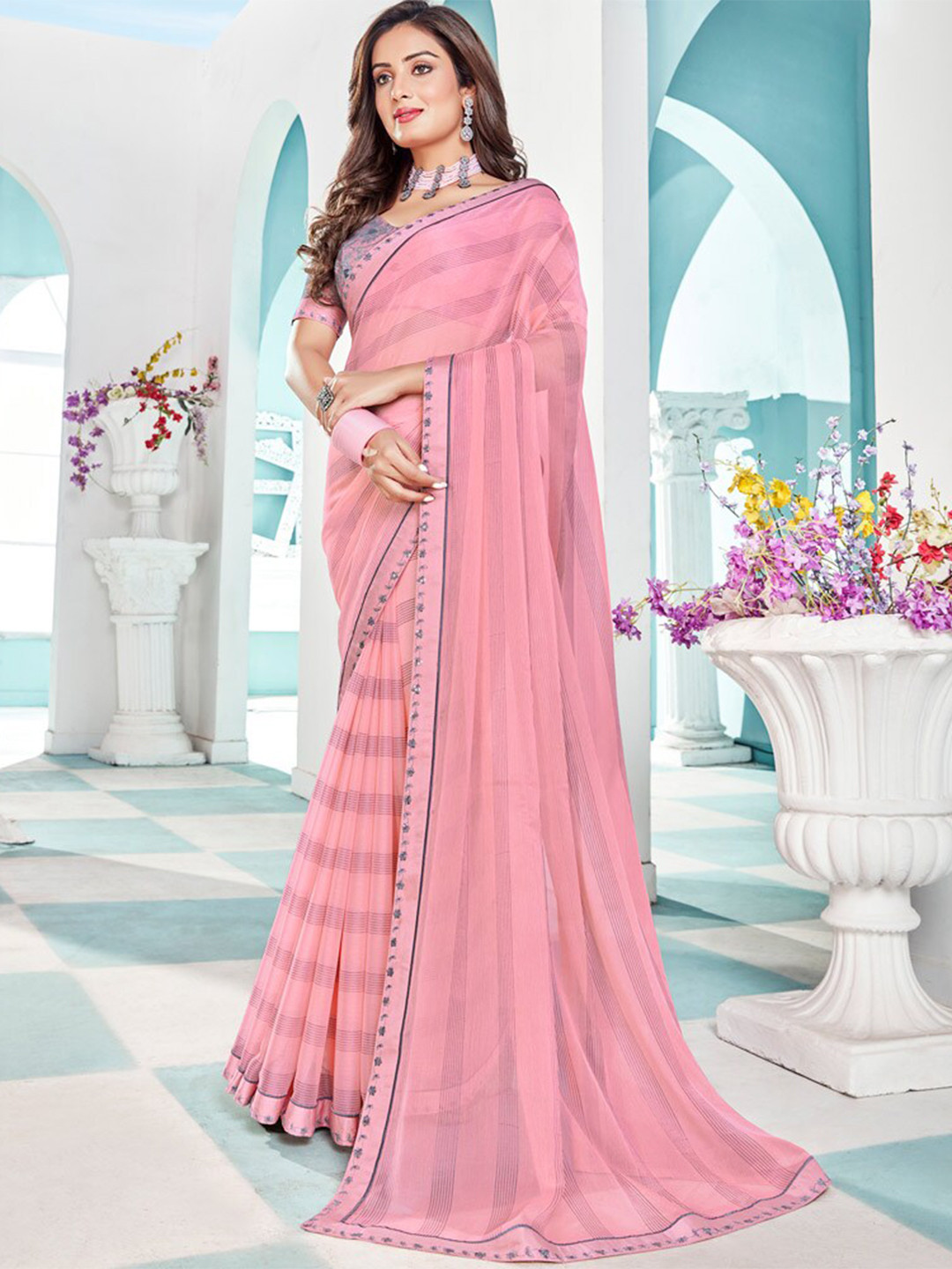 

Vishal Prints Striped Chiffon Saree, Rose