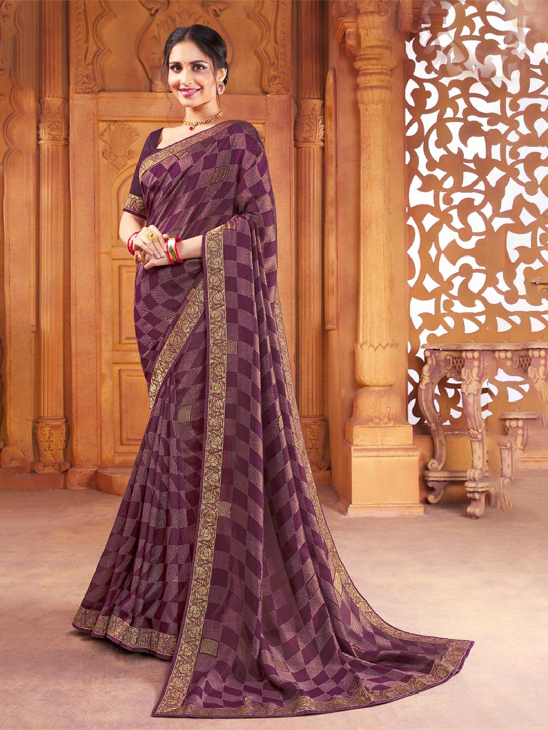 

Vishal Prints Checked Foil Printed Saree, Purple