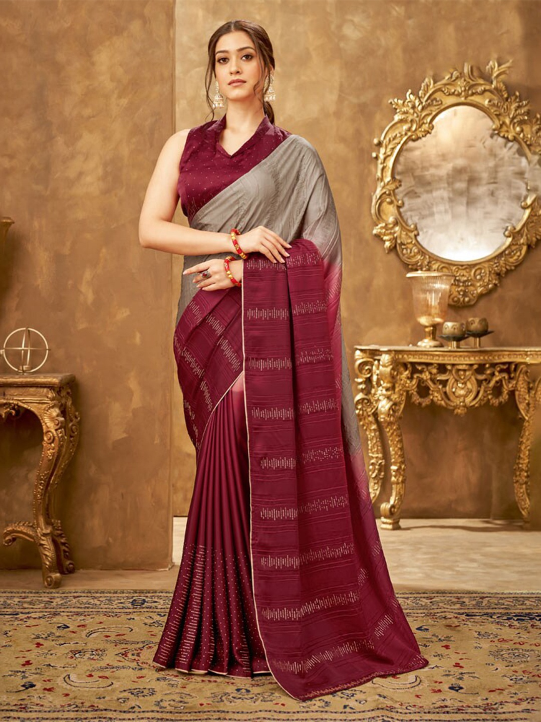 

Vishal Prints Embellished Beads & Stone Satin Saree, Olive