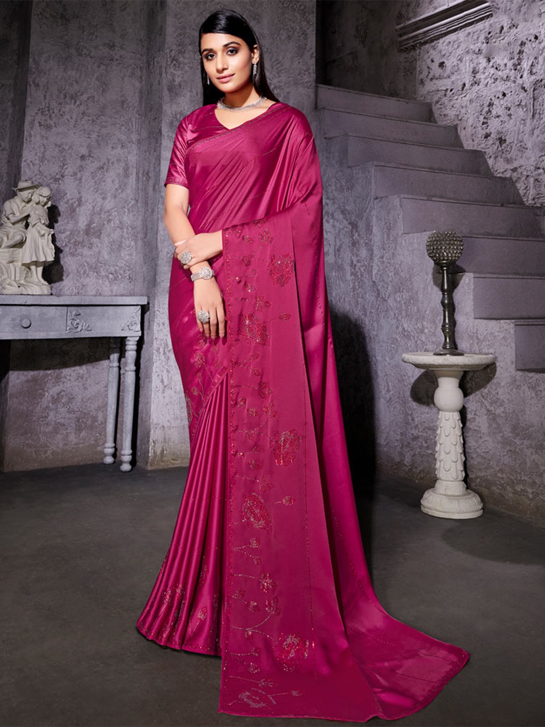 

Vishal Prints Beads and Stones Embellished Satin Saree, Rose